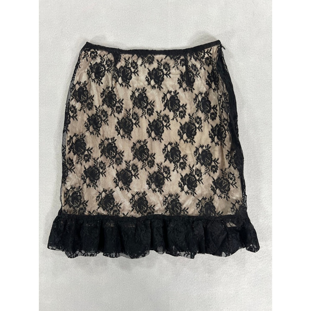 Vintage Black Floral Lace Ruffle Mini Skirt Nude Lining Coquette Whimsygoth S